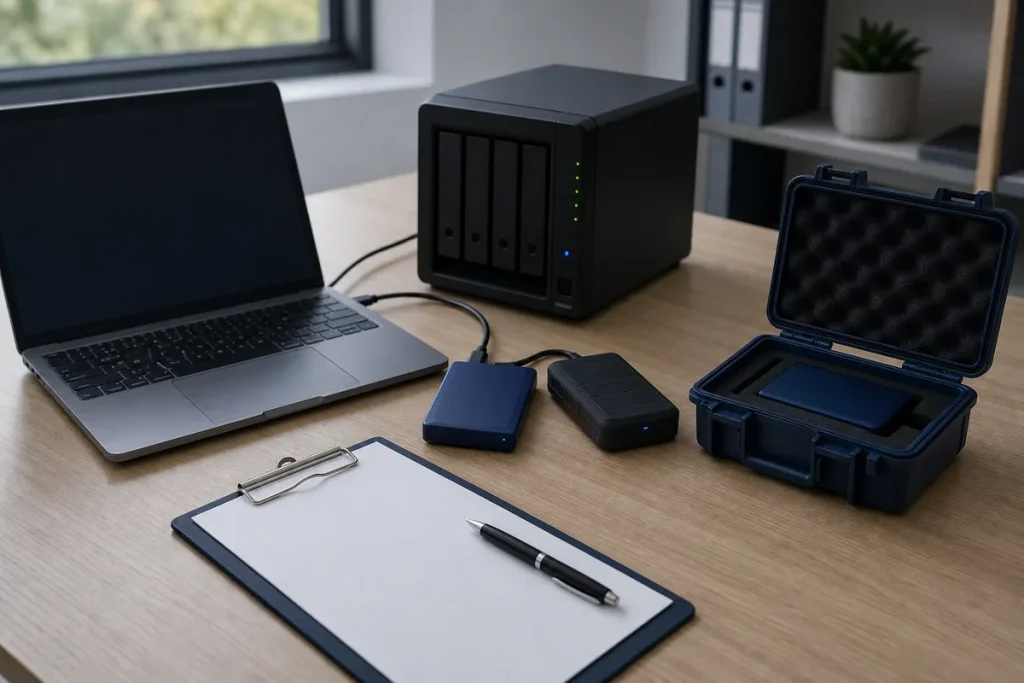 Business laptop, network storage and protected backup drives prepared for recovery testing