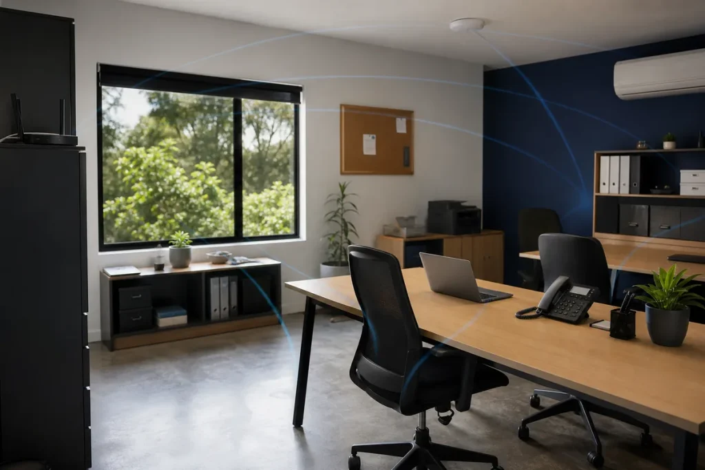 Small office with router, ceiling access point and connected work devices across the workspace