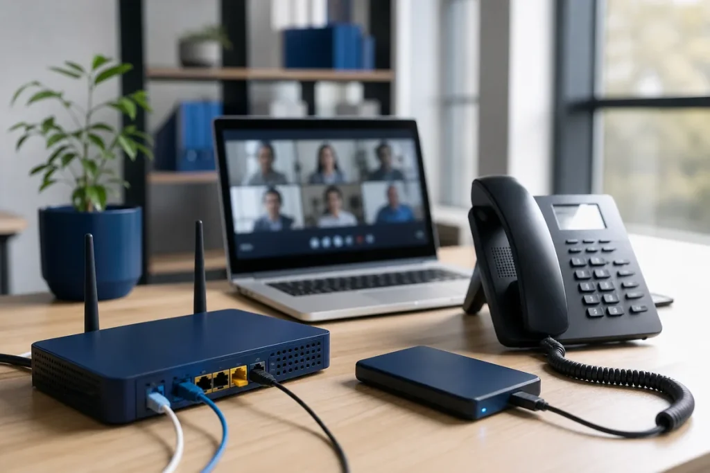 Business router and laptop set up for cloud calls, file transfers and reliable internet work