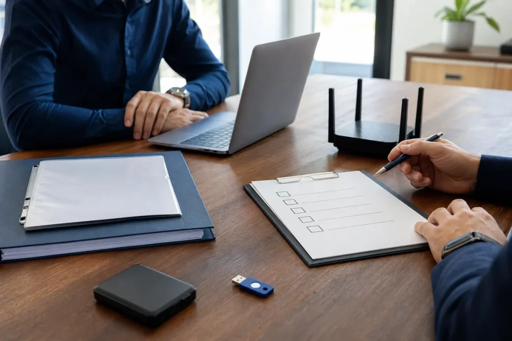 Provider evaluation checklist beside a laptop, security key and small-business network equipment