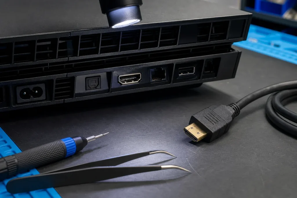 Game console HDMI port being inspected beside a known-good cable and precision tools