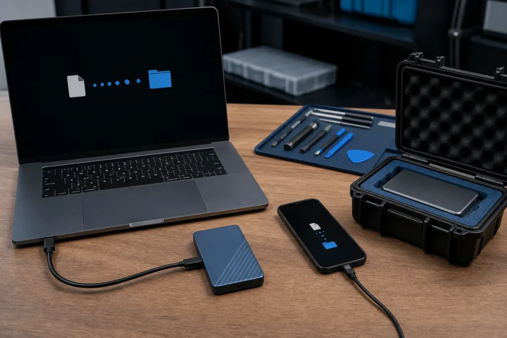 Laptop and phone connected to protected backup storage before repair tools are used
