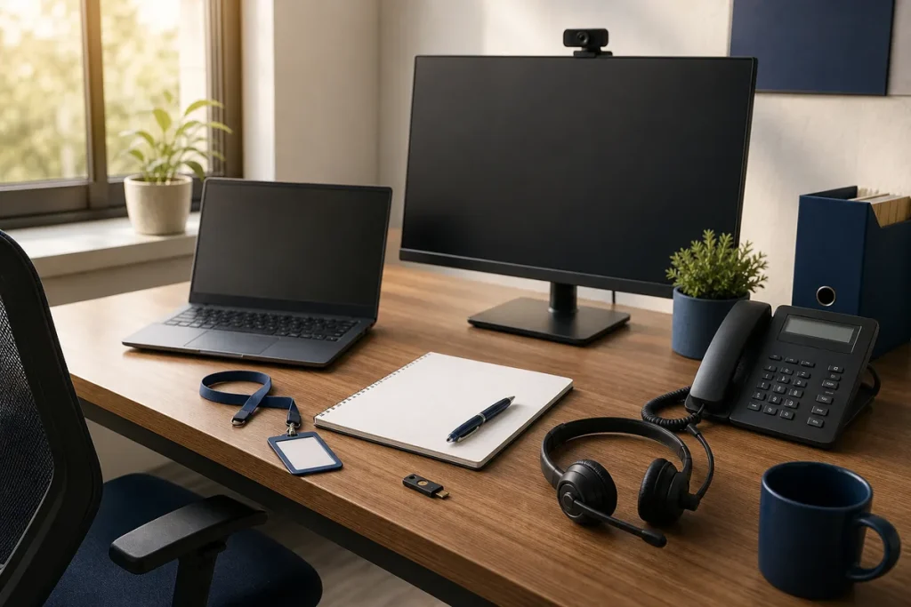 Prepared employee workstation with laptop, phone, headset, security key and onboarding checklist
