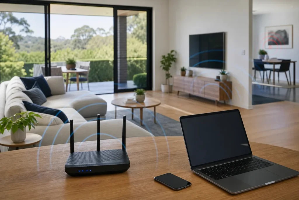 Centrally placed home Wi-Fi router connecting devices across a modern Australian house