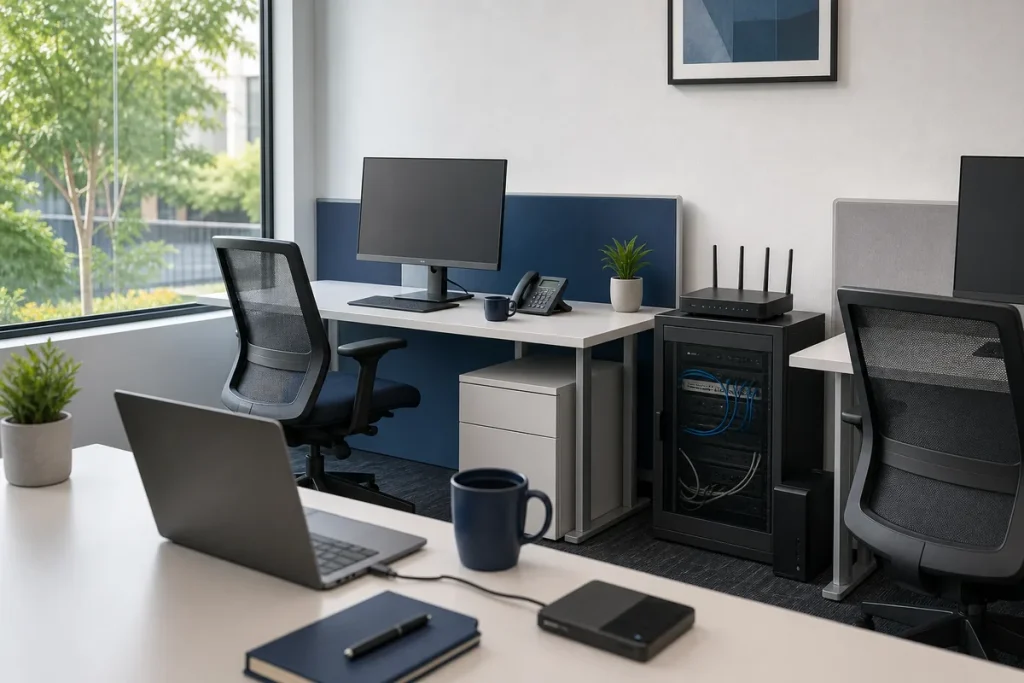 Small-business workstations, network equipment and managed IT tools in an organised office