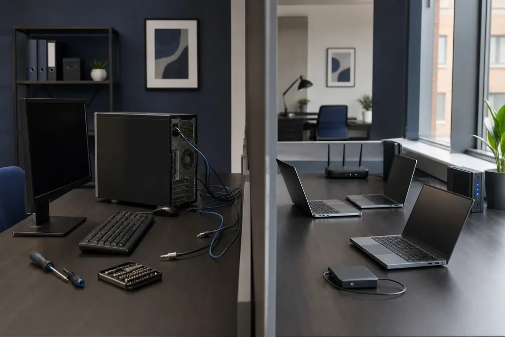 Two contrasting small-business IT workspaces showing reactive repair and organised ongoing support