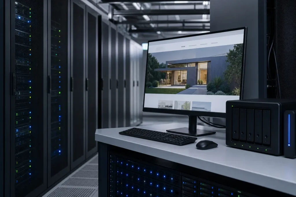 Data-centre servers connected to a managed website support workstation and backup storage