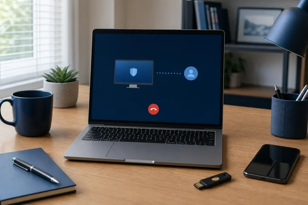 Laptop prepared for a controlled remote-support session with security key and clear disconnect control