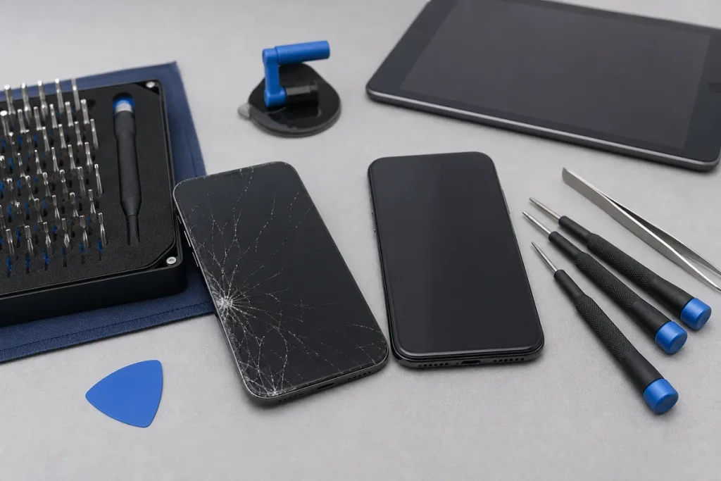 Cracked smartphone beside repair tools and an intact replacement device for comparison