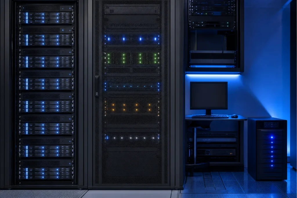 Three server environments arranged to compare shared, virtual and managed hosting responsibility