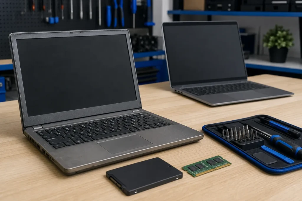 Older laptop assessed beside SSD, memory and a newer replacement computer