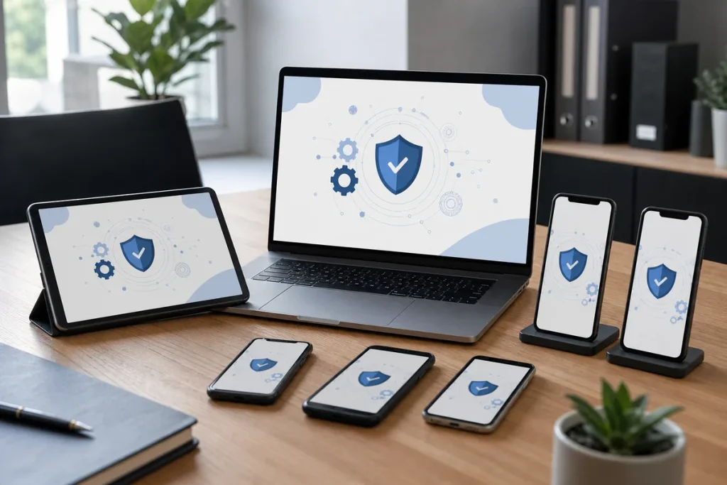 Business laptops, tablets and phones arranged together for central device management