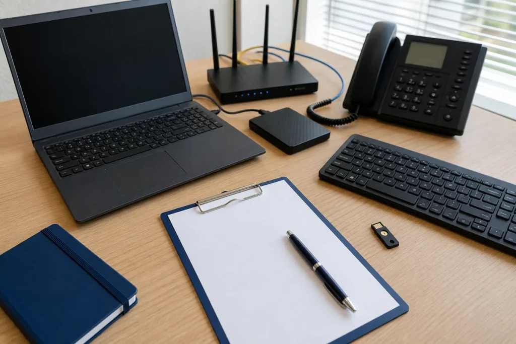Organised small-business IT inventory with laptop, phone, router, backup drive and checklist