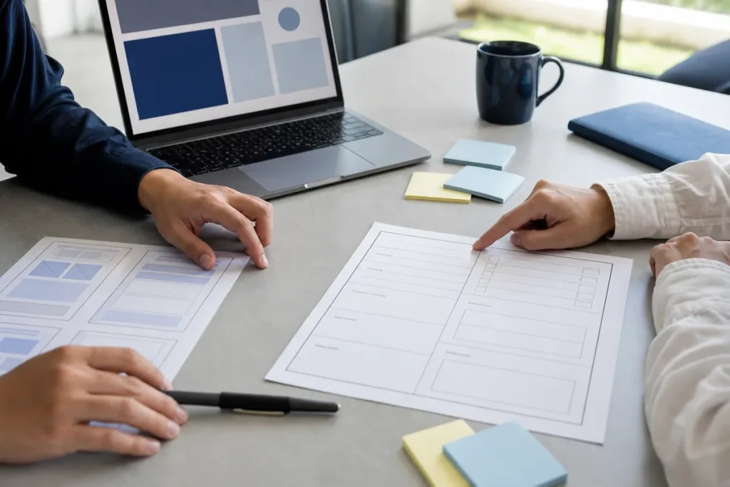 Website brief checklist, paper wireframes and laptop arranged for project planning