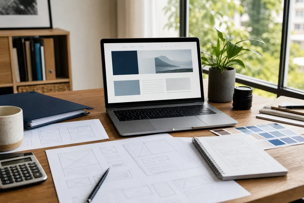 Website planning desk with laptop, wireframes, calculator and project scope notes