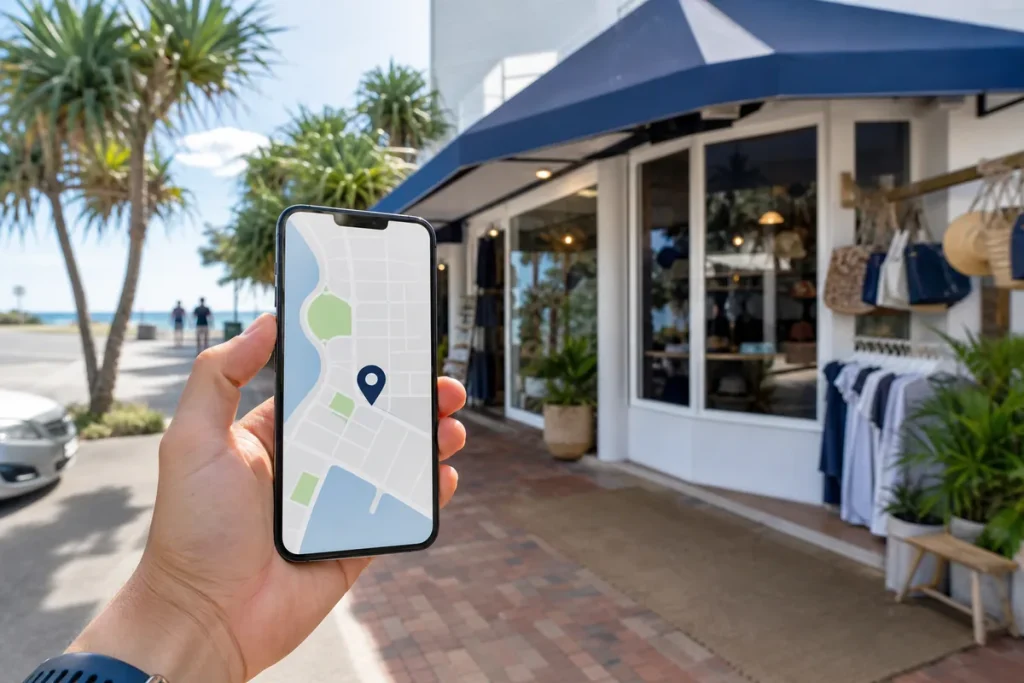 Sunshine Coast small-business storefront with a phone showing a simple local map pin