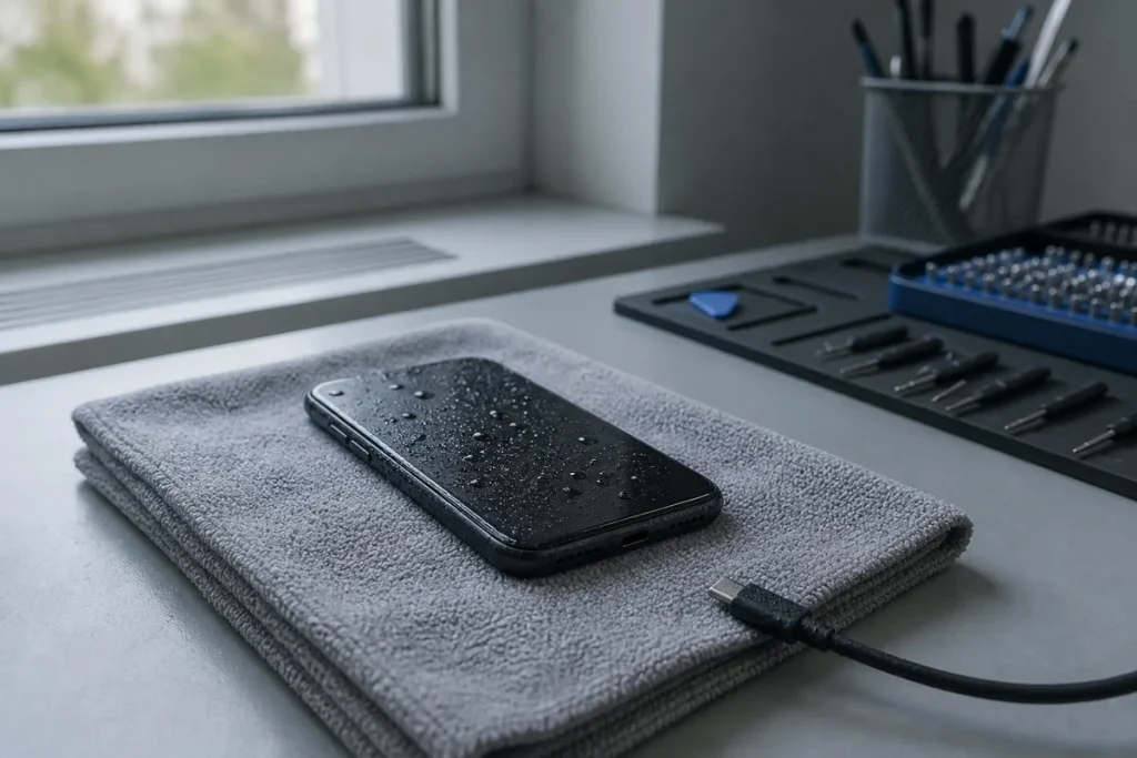 Powered-off wet smartphone drying safely on a cloth away from chargers and heat
