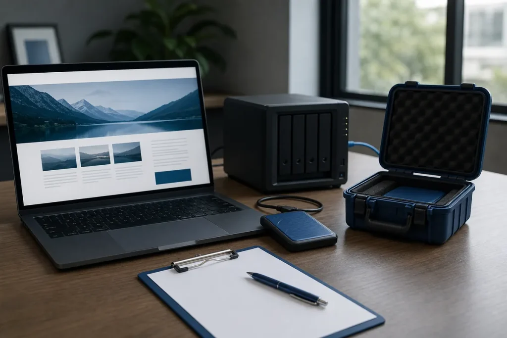 Website files and database backed up to separated storage with a restore checklist