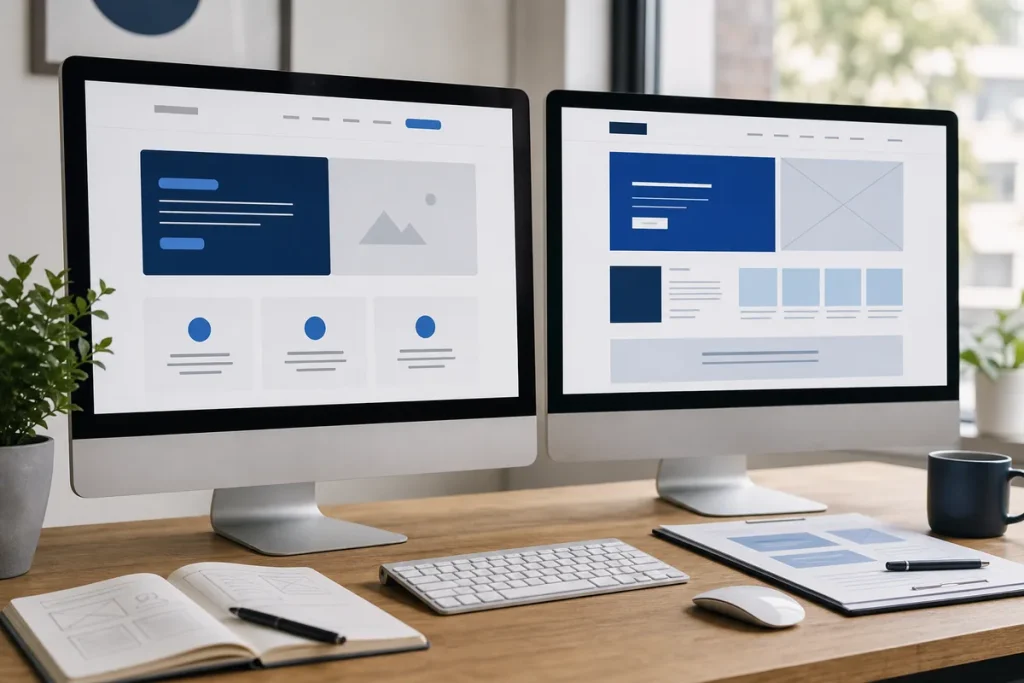 Two website concepts on adjacent screens showing a focused refresh and a broader redesign