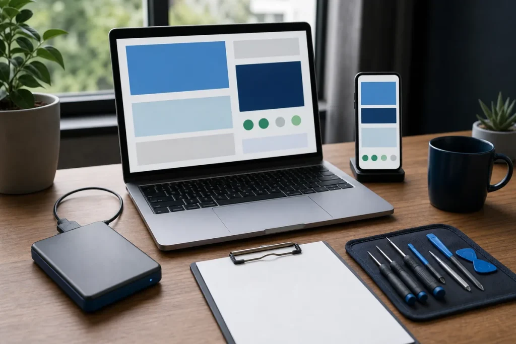 Website maintenance workspace with laptop, backup drive, update checklist and testing devices